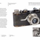"Fotografieren mit einer Leica...", Zitat von Henri Cartier-Bresson. 
Retro-Kamera mit Linsenmechanik zeigt Metall und Kunstleder.