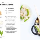 Rezeptüberschrift: HÜHNCHEN & MASCARPONE. Zutaten: Hühnerschnitzel, Ingwer, Orecchiette, Mascarpone, Olivenöl, Zuckerschoten.