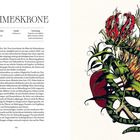 "Ruhmeskrone: Gloriosa superba, Colchicaceae, Verbreitung: Tropisches und südliches Afrika, Indischer Subkontinent und Südostasien." 

Rechts eine farbige Illustration einer Pflanze mit einer roten Blüte, umschlungen von einer grün-schwarz gestreiften Schlange.