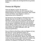 Text: „Formen der Migräne“. Beschreibung von Migränearten, deren Symptome wie Schmerzen, Übelkeit, Aura, Lichtempfindlichkeit.