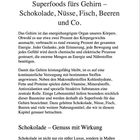 Überschrift: "13 Superfoods fürs Gehirn – Schokolade, Nüsse, Fisch und Co." Text über Energiebedarf des Gehirns und wichtige Nährstoffe.