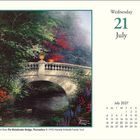 Mittwoch, 21. Juli 2027; Kalender mit naturreicher Brückenillustration, umgeben von grüner und bunter Vegetation.