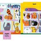 Text: "eight cats", "ten!". Illustration mit zehn bunten Katzen, die auf einem Kratzbaum und in einem Regal liegen.