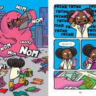 Links: "NOM", "CHOMP", "GASP!". Ein rosa Monster isst in einer Straßenkulisse. Rechts: "THINK", "I've got it!", Mädchen entdeckt Lösung.