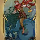 Text: "Knight of Moths". Ein Elf reitet ein blaues, pferdeartiges Wesen, umgeben von goldenen Motten.