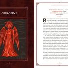 "GORGONS" und Beschreibung ihrer Merkmale, wie tödliche Blicke. Illustration eines roten, geflügelten Wesens.