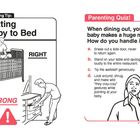 „Putting Baby to Bed“ und „Parenting Quiz“. Links: richtig/falsch Baby im Bett. Rechts: Quiz mit Optionen a-d.