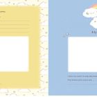 "My First Home" und "My First Room" oben. Links gelb mit Bäumen, rechts blau mit Wolken, Regenbogen und einem schlafenden Bär.