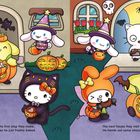 Links: "Pompompurin's place ist der erste Halt..." Rechts: "Das nächste Haus ist..." Illustration von niedlichen Tieren in Halloween-Kostümen.