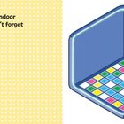 Text auf gelbem Hintergrund: „Build your own indoor theme park. Don’t forget the popcorn!“ Rechts blaue, illustriere Kachelwand.