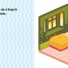 Text: "You’ll be as snug as a bug in this comfy bedroom." Illustration eines kleinen, gemütlichen Schlafzimmers.