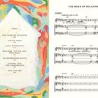 Links: Titel und Künstlernamen auf abstraktem Hintergrund. Rechts: Notenblatt mit dem Titel "THE BARK OF MILLIONS".