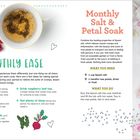 "Monthly Ease" und "Monthly Salt & Petal Soak" sind Titel. Links ein Tee mit Himbeeren, rechts Füße in Wasser mit Rosenblättern.