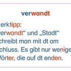 "verwandt" und "Stadt" enden auf -dt. Merktipp: Wenige Wörter haben diese Endung. Bunte Schriftarten verwendet.