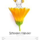 Kalenderblatt mit „September/Oktober“ und Kalenderwoche 39/2027. Illustration: Kind sitzt auf gelber Blume.