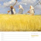 "37. Woche September 2027". Gemälde von Erntearbeitern in einem Weizenfeld mit Sensen, unter blauem Himmel mit Wolken.