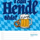 "I can Hendl this!" September 2027. Illustration: Bierkrug und Brezel, Hintergrund im blau-weißen Rautenmuster.