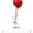 Text: „Oktober“. Illustration: Ein Kind schaukelt an einem roten Wollknäuel, das als Schaukel genutzt wird.