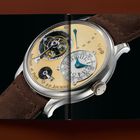 "Invent et Fecit F.P. Journe" steht auf einem Zifferblatt mit komplexer Mechanik und braunem Lederarmband.