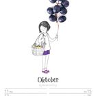 Text: "Oktober", Datum: 11. bis 17. Ein gezeichnetes Mädchen hält Trauben als Luftballons und trägt einen Einkaufskorb.