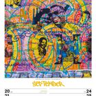 Bunter Kalender mit Wandbemalung, Text: "SEPTEMBER", "RIRE ENSEMBLE", "RAY CHARLES", "NELSON", "HUMANITÉS", "ÉGALITÉ". KW38/2027.
