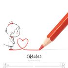 "Oktober 18 MO bis 24 SO" steht unter einem roten Bleistift und einem Mädchen, das eine rote Herzlinie betrachtet.