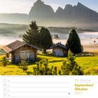 Kalender: 39. Woche, September/Oktober 2027. Tag der Deutschen Einheit am 3. Oktober. Berghütten und Nebelblick.