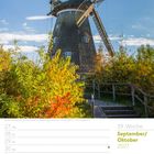 Texte: "39. Woche September/Oktober 2027", "27 Mo", "28 Di", "29 Mi", "30 Do", "01 Fr", "02 Sa", "03 So Tag der Deutschen Einheit". Sichtbar ist eine historische Windmühle umgeben von herbstlichen Bäumen.