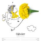 "Oktober". Illustration: Figur auf Vogel mit gelben Blütenkopf als Schnabel, fröhlich und verspielt gestaltet.