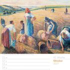 Text: "41. Woche Oktober 2027". Illustration von Personen, die Getreide auf einem Feld sammeln.