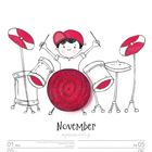 Text: „November“ und „01 Mo“, „02 Di“, „03 Mi“, „04 Do“, „05 Fr“, „06 Sa“, „07 So“ mit Tagen und Feiertagshinweis.

Eine Illustration mit einem Kind als Schlagzeuger. Eine rote Scheibe stellt eine Trommel dar.