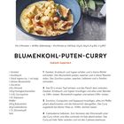 Blumenkohl-Puten-Curry, indisch inspiriert. Zutatenliste und Rezeptschritte auf weißem Hintergrund. Teller mit Curry.