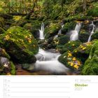 42. Woche, Oktober 2027. Gertelbach bei Bühlertal, Deutschland. Kleiner Wasserfall im Wald, umgeben von Moos und Herbstlaub.
