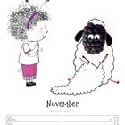 November-Kalenderblatt. Illustration: Kind mit Kringelhaaren schaut ein Brombeerschaf an, das strickt.