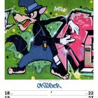 Text: "Oktober", "KW42/2027". Graffiti eines Wolfs in blauer Kleidung auf grünem Hintergrund, künstlerisch mit Pinkem.