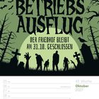 "Betriebs Ausflug. Der Friedhof bleibt am 31.10. geschlossen." Illustration: Zombies auf einem Friedhof bei Vollmond.