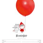 Kalendertage für November mit rot gekleideter Figur, Wolf und rotem Ballon. Feiertage: Buß- und Bettag, Totensonntag.