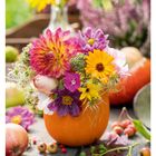 Kalenderwoche 46. Herbstblumensträuße in Kürbis-Vase, bunte Blumenarrangements, Kürbisse und Früchte im Hintergrund.