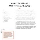Minutensteaks mit Thymiansauce. Zutaten: Salz, 500 g TK-Bohnen, 2 EL Rapsöl, 2 Rinderminutensteaks, Pfeffer, 2 EL Mandelmus.