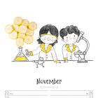 „November“ in stilisierter Schrift, Illustration zweier Wissenschaftler in weißen Mänteln, Bananenscheiben oben links.