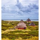 "47 NOVEMBER, MO 22, DI 23, MI 24, DO 25, FR 26, SA 27, SO 28. Strohgedeckte Häuser in Dünenlandschaft am Meer."