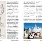 "Land und Leute", "Mudras", "Mudras und Asanas". Drei Buddha-Illustrationen und ein Foto einer weißen Stupa mit Besuchern.