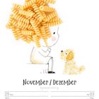Kalender für November/Dezember; Illustration eines Kindes mit Nudeln als Haare, spricht mit einem Hund aus Spiralen.