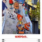 November, KW45/2027. Eine lebhafte Straßenillustration mit Passanten, einem Jungen, einem Hund und einem Handwagen voller Sachen.