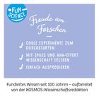„Freude am Forschen“ in weiß auf lila Hintergrund, mit Checklisten-Texten und blauem „FUN SCIENCE“-Logo oben links.