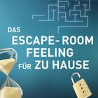 Text: "Das Escape-Room Feeling für zu Hause." Oben ein Labyrinth, links eine Sanduhr, rechts ein Schloss.