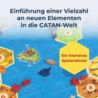 "Einführung einer Vielzahl an neuen Elementen in die CATAN-Welt. Ein intensives Spielerlebnis!" Hexagonale Spielfelder auf Wasser.