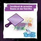 "Entschlüsselt die versteckten Hinweise mit dem Violettfilter." Illustration: Puzzle mit Violettfilter, Korallen, Delfin.