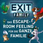 "EXIT DAS SPIEL FAMILY. Das Escape-Room Feeling für die ganze Familie." Illustration mit Tieren in Abenteuerkostümen.