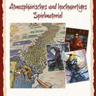 "Atmosphärisches und hochwertiges Spielmaterial." Darunter eine Karte und drei Fantasy-Illustrationen von Kriegern.